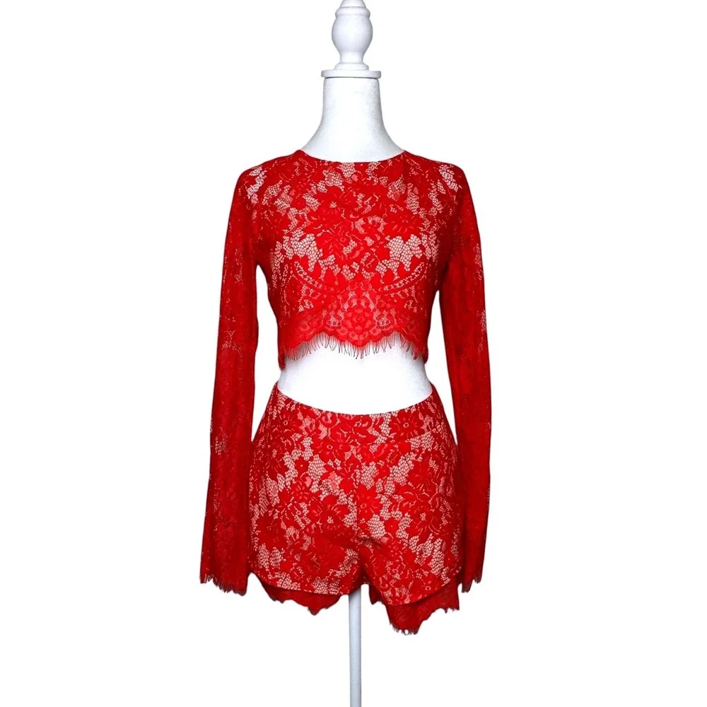 The Jetset Diaries Red Floral Lace Two Piece Set Crop Top and Shorts S/XS